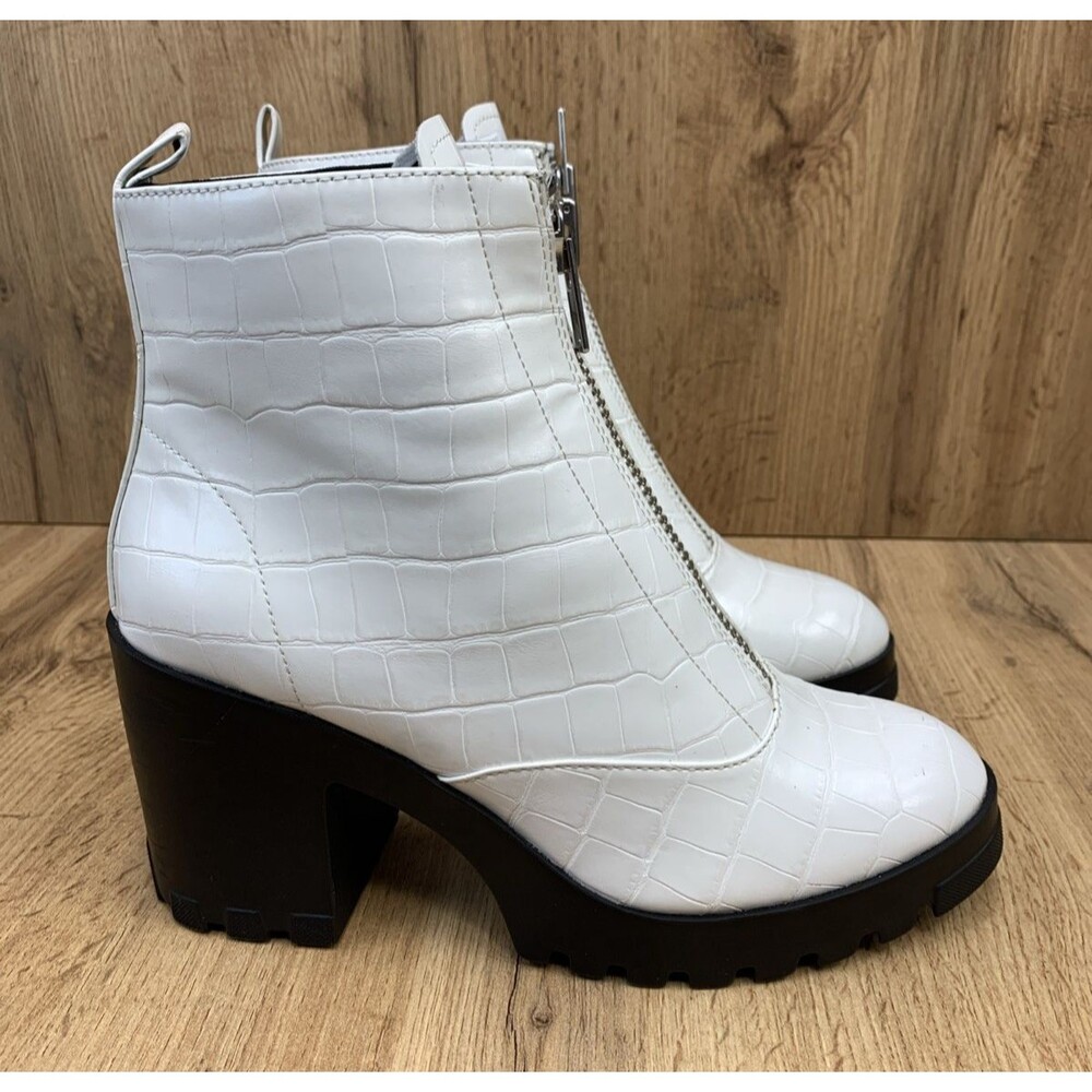 BP Marley White Platform Croc Print Ankle Boots Front Zip Block Heel Size 8.5 M - Picture 2 of 16